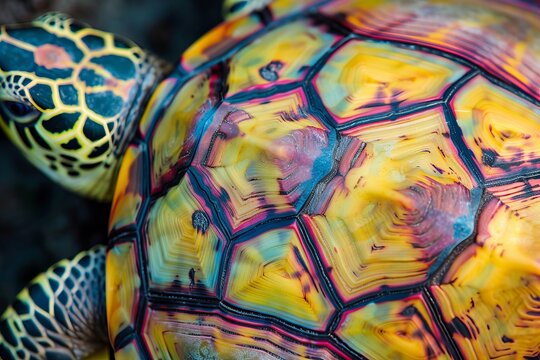A close-up of a turtle shell pattern, vibrant and detailed