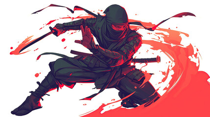 ninja with a katana in a dynamic pose on the red splash background 