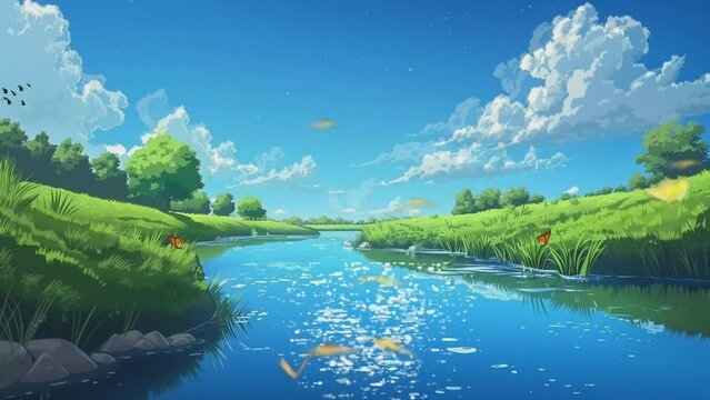 Beautiful fantasy summer natural scenery background animation with Japanese anime watercolor painting illustration style. seamless looping video animated background