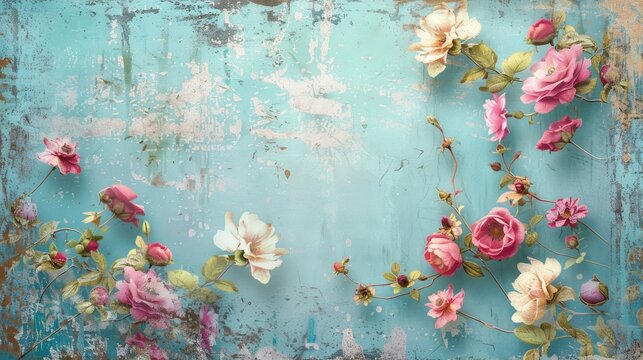 A festive greeting card featuring beautiful flowers set against a charming turquoise shabby chic backdrop