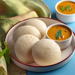 South indian food idli sambhar and coconut chutney