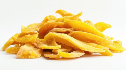 Close up Studio Shot of Pile of Organic Dried Mango on White Background