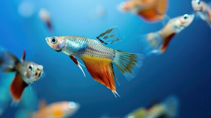 Fototapeta premium A vibrant guppy fish with orange tail and fins is swimming among other guppies in a bright blue aquatic environment