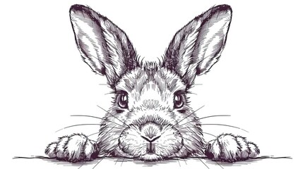 Fototapeta premium Easter bunny hand drawn, face of rabbits. Ears and muzzle with whiskers, paws. Vector illustration Cute bunny rabbit outline sketch vector illustration