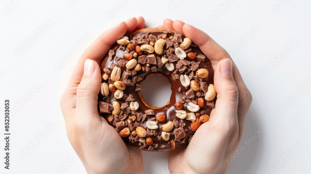 Poster a doughnut topped with peanuts and chocolate being held in two hands against a simple white backdrop