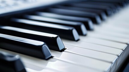 Detailed image of piano keys showcasing their glossy texture and the contrast between black and white