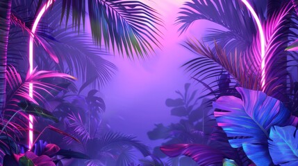 Naklejka premium Neon-lit tropical leaves in purple and pink hues for an exotic and futuristic feel, perfect for design and background use