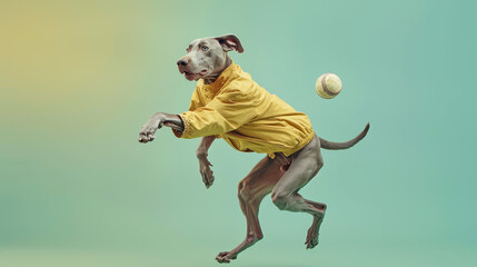 Weimaraner Dog in Yellow Jacket Catching a Baseball