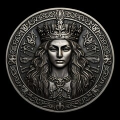 Celtic Queen Silver Coin Medallion on Solid Black Background