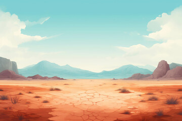 Naklejka premium Expansive Arid Desert with Cracked Earth and Distant Blue Mountains Under a Clear Sky
