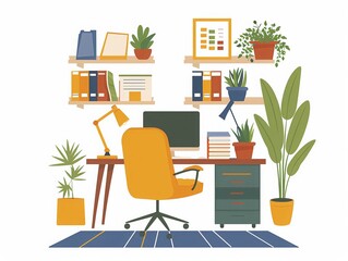 A cozy home office with a desk, computer, lamp, chair, plants, and books.