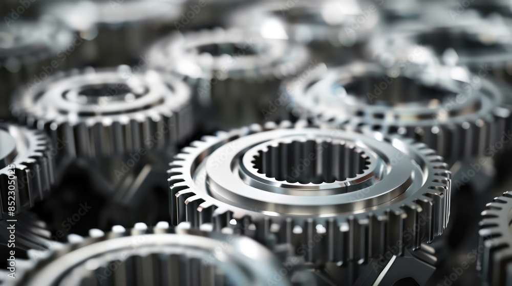 Poster a detailed close-up image showing the interlocking mechanism of metal gears with a focus on precisio
