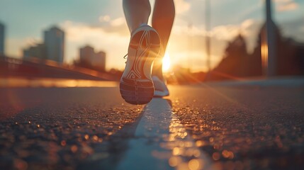 A closeup of feet and legs in running shoes, walking along an empty road at sunset. The sun casts long shadows on both sides, creating depth.
