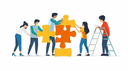 A group of people are working together to put together a puzzle