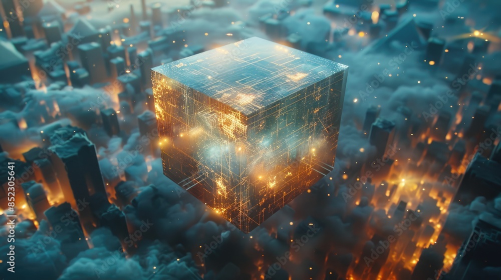 Poster the image shows a glowing cube floating above a city.
