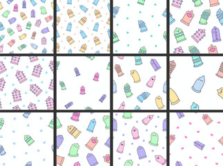 Naklejka premium Cute kawaii condoms with faces and emojis. Seamless pattern. Cartoon contraception characters. Hand drawn style. Vector drawing. Collection of design ornaments.