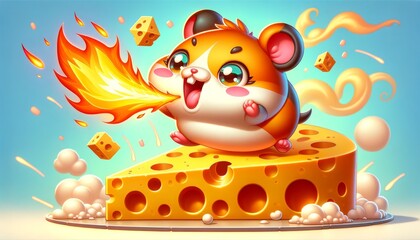 A cartoonish hamster breathing fire while balancing on a giant, cartoonish cheese wheel.