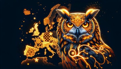 A glowing patterned owl with intricate luminous designs, integrated into the map of Europe.