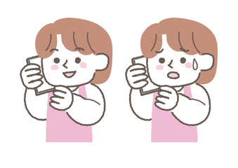 電話をして困っている女性と笑顔の女性のイラストセット