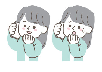 電話をして困っているオフィスカジュアルの女性と笑顔のオフィスカジュアルの女性のイラストセット