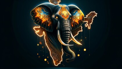 A majestic elephant head with glowing, intricate patterns emerging from a map of India.