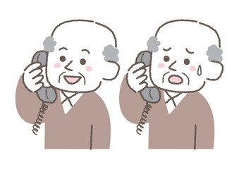 電話をして困っている高齢男性と笑顔の高齢男性のイラストセット