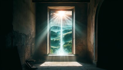 A close-up view of a window frame in a ruined building with a mysterious, ethereal light beam coming through the window.