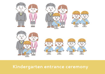 幼稚園、保育園に通う男の子女の子と両親のイラストセット