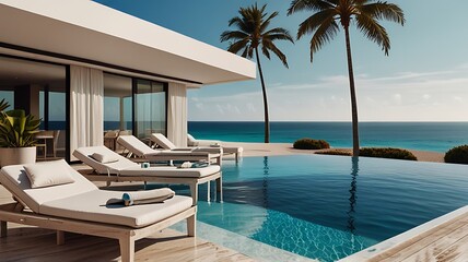 Fototapeta premium Luxury Villa Pool With Ocean View On A Sunny Day