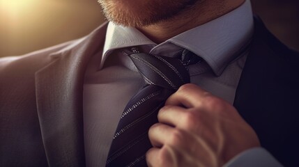 Close up of business man hand adjust his necktie at modern suit. Professional project manager wearing formal or getting dressed while preparation cloth for getting interview. Focus on hands. AIG42.