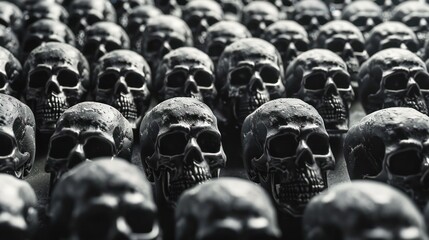 The image depicts an array of human skulls closely arranged, with intentional blurring on select faces to obscure them