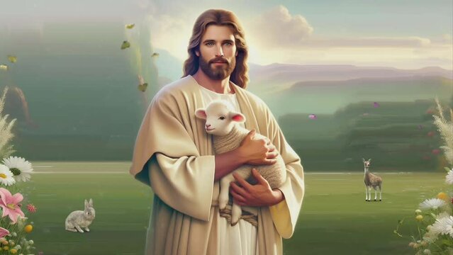 Jesus hugs a lamb in the garden