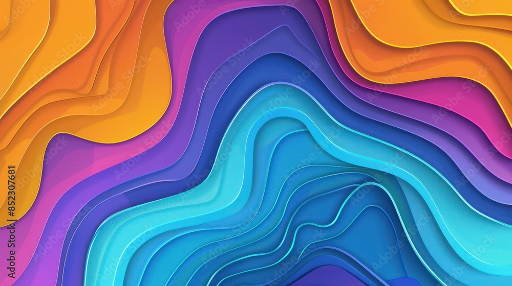 Poster abstract wave pattern with a gradient of warm and cool colors, giving a sense of movement and energy