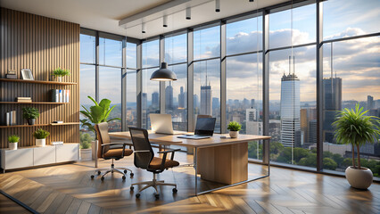 Modern office room interior design with workspace near panoramic window