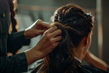 Fototapeta premium Hairstylist skillfully combing and styling a woman's hair, providing professional beauty services to enhance her appearance