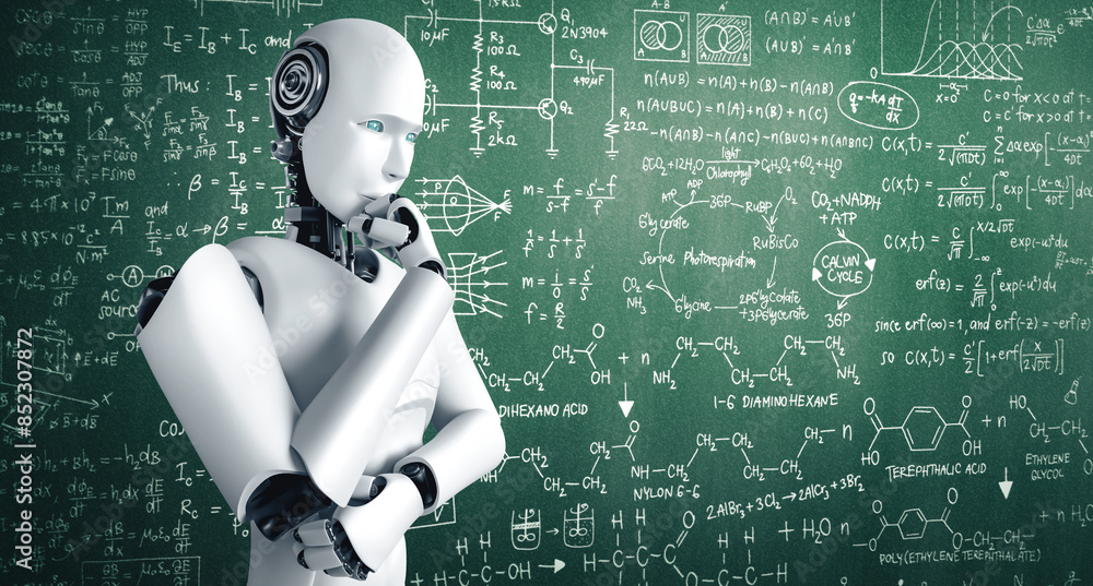 Poster mlp 3d illustration thinking ai humanoid robot analyzing screen of mathematics formula and science e