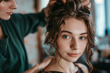 Fototapeta premium Hairstylist skillfully combing and styling a woman's hair, providing professional beauty services to enhance her appearance