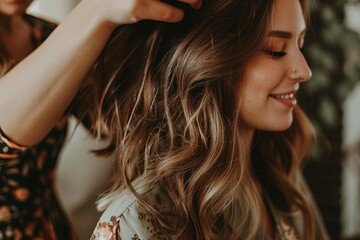 Fototapeta premium Hairstylist skillfully combing and styling a woman's hair, providing professional beauty services to enhance her appearance