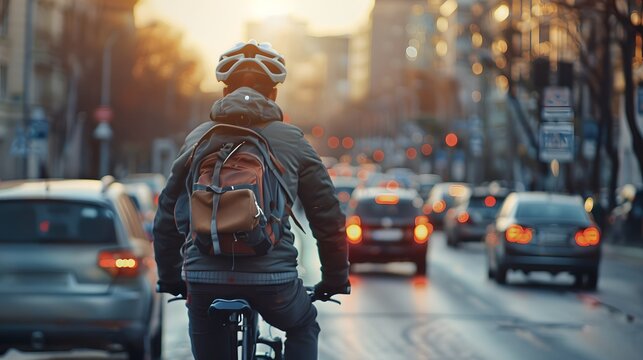 A man riding his bike on the street in city, wearing helmet and backpack, cars passing by. The view is from behind him as he rides along an urban road at sunset.