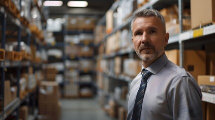 Fototapeta premium A middle-aged businessman in a shirt and tie stands at the warehouse, looking into the camera.