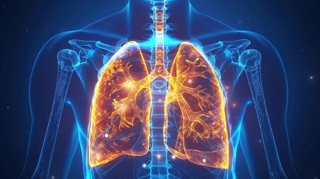 respirator system of human with show lungs in blue x-ray