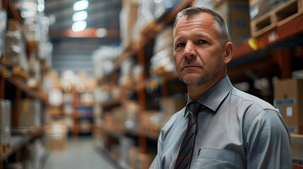 Fototapeta premium A middle-aged businessman in a shirt and tie stands at the warehouse, looking into the camera.