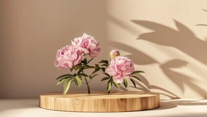 A wooden pedestal with a vase of pink flowers on top