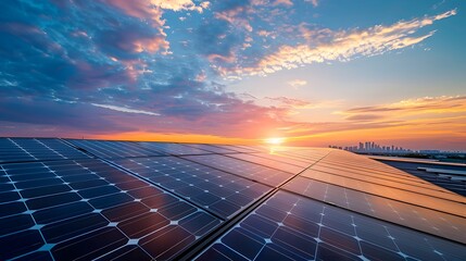 A photovoltaic solar panel installation on the roof of an industrial building at sunset, with blue sky and clouds in the background.