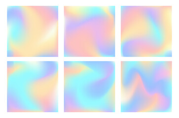 Unicorn pastel gradients. Set of vector holographic square backgrounds. Iridescent rainbow color fairytale holograms. Pearlescent unicorn fantasy gradients. Blurred holo autistic spectrum backdrops