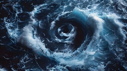 A powerful whirlpool of water in the middle, surrounded by a dark blue and black sea with waves crashing against each other, creating an intense visual effect.