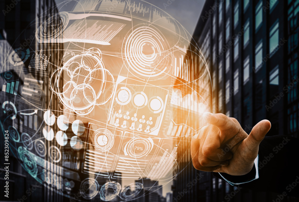 Poster big data technology for business finance analytic concept. modern interface shows massive informatio
