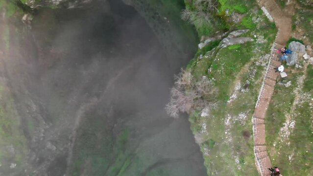 Drone shots of Balou Balaa waterfall above the Lebanese mountains.