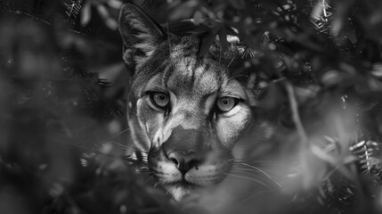 Black and White Close-Up of a Cougar's Face Peering Through Dense Foliage