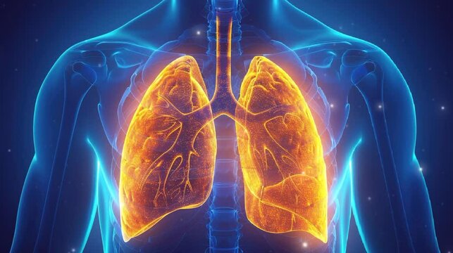respirator system of human with show lungs in blue x-ray